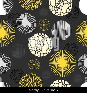 Round decor grunge print. Doodle geometric abstract mess circles seamless pattern design. Textured rounds, hand drawn graphics neoteric vector Stock Vector