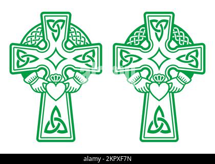 Irish Celtic green cross with Claddagh ring - heart and hands vector design set - St Patrick's Day celebration in Ireland Stock Vector