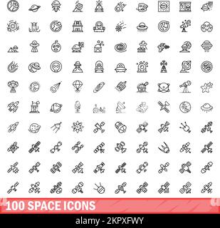 100 space icons set. Outline illustration of 100 space icons vector set isolated on white background Stock Vector