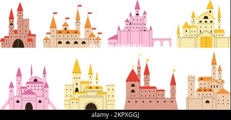 Medieval castle exterior. Flat palaces and ancient castles tower and bastion. Gothic european architecture, vector decent fairyland buildings Stock Vector