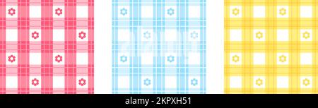 Gingham flower. Check color flowers pattern of tartan plaid or oilcloth for picnic, pastel abstract geometric print scarf, tablecloth vichy cute floral design vector illustration of floral gingham Stock Vector