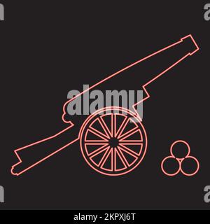 Neon medieval cannon firing cores red color vector illustration image flat style light Stock Vector