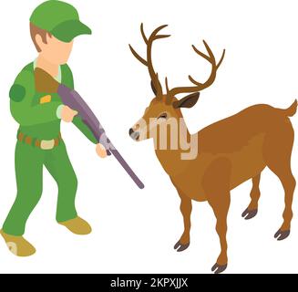 Deer capturing icon isometric vector. Man in uniform with rifle in hand and stag. Trapping of wild animal Stock Vector