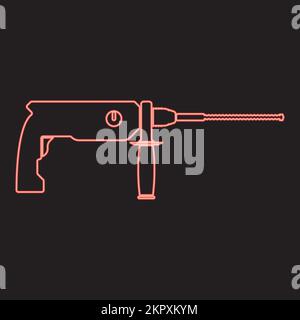 Neon rotary hammer demolition red color vector illustration image flat style light Stock Vector