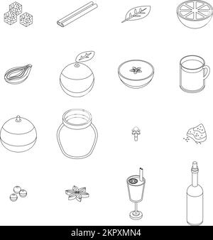 Mulled wine icons set. Isometric set of mulled wine vector icons outline vector on white background Stock Vector
