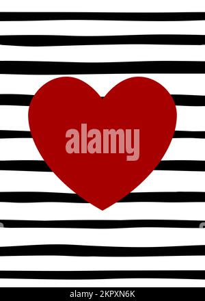 Valentines Day card. Red symmetric heart on black and white striped background. Sign of love, romance, feelings, relationships. Copy space. Vector ill Stock Vector