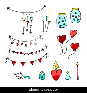 Doodle Valentines Day decoration set. Hand-drawn color garlands, balloons, candles, jars with red hearts. Festive cozy home decor. Love, feelings cute Stock Vector
