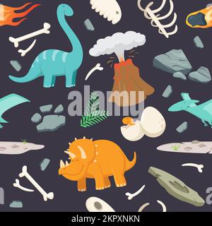 Dinosaur pattern. cave prehistoric period objects bones rocks volcano meteorite and dinosaurs seamless background Stock Vector