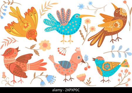 Ethnic folk birds. Decorative bird with flower wing stylized in scandinavian culture, slovak embroidery patch leaves elements nordic ornamental animals set neat vector illustration of ethnic folk bird Stock Vector