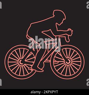 Neon cyclist on bike silhouette red color vector illustration image flat style light Stock Vector