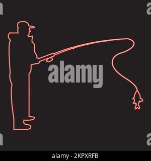 Neon fisherman red color vector illustration image flat style light Stock Vector