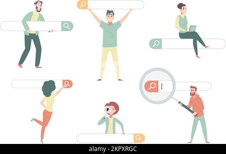 Search bars characters. Funny people holding standing and sitting near search bar ui exact vector seo concept illustrations for web design projects Stock Vector