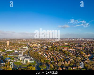 Aerial view over Beeston a suburb of Leeds in West Yorkshire. Blue sky sunny day view towards city centre. Stock Photo