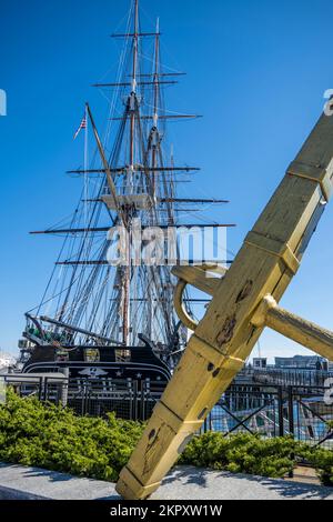 stern side of the USS Constitution and anchor in the Charlestown Navy Yard Stock Photo