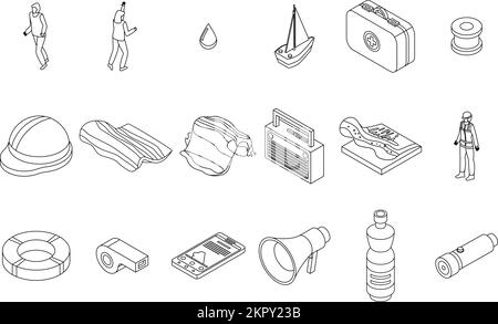 Tsunami icons set. Isometric set of tsunami vector icons outline vector on white background Stock Vector