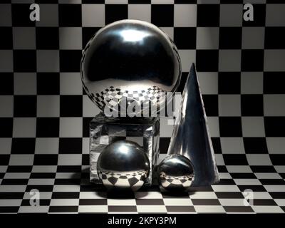 Assorted geometric shapes and objects against a black and white checked background Stock Photo