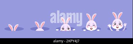 Rabbits in holes. Rabbit with ears hiding in burrow animation, easter hare or kawaii cartoon bunny seek to hole, cute pretty hide animal pet character concept vector illustration of rabbit in hole Stock Vector