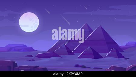 Nighting pyramids. Egyptian pyramid in sand desert at night sky stars, ancient egypt giza plateau landscape scene arabian journey sahara, ingenious background vector illustration of pyramid desert Stock Vector