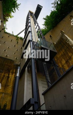 Panoramic Elevator of the Pfaffenthal as seen from below. Luxembourg City. Stock Photo