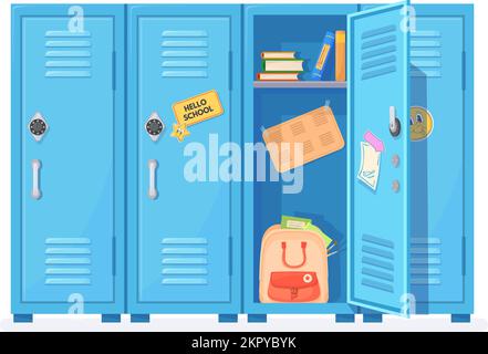 Open school lockers. Opened door locker highschool hallway, student closets for safety storage college contents books backpack, university cabinets vector illustration of closet wardrobe for school Stock Vector