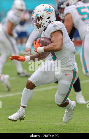 Miami. FL USA;  Miami Dolphins running back Myles Gaskin (3) runs with the ball during an NFL game against the Houston Texans at the Hard Rock Stadium Stock Photo