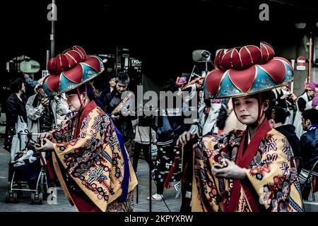 Tokyo, Japan - November 06, 2016: Photo of okinawan eisa dancer and band performing wearing traditional costumes at Setagaya-ku Kyodo district, Tokyo Stock Photo