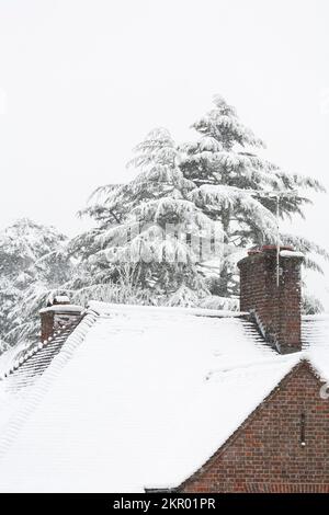 Winter scene with snow on the roof of a suburban house during a snow storm in London, UK Stock Photo