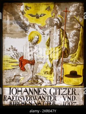 Baptism of the Lord. Painting on glass. 1667. From St Martin's Cathedral in Bratislava, Slovakia. Stock Photo