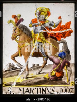 Saint Martin Dividing his Cloak. Painting on glass. 1667. From St Martin's Cathedral in Bratislava, Slovakia. Stock Photo