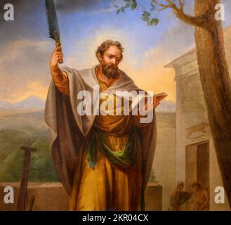 St Simon the Zealot, the patron of tanners. Oil on canvas, flag of the Guild of Tanners. Bratislava City Museum. Stock Photo
