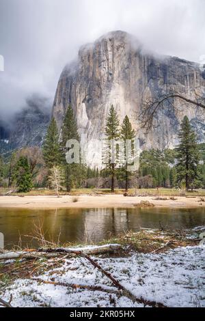 El Capitan and Merced River with snow in the foreground. Yosemite Valley in spring, Yosemite National Park, California, USA
