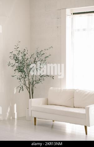 White living room with white couch by big window with a simple t Stock Photo