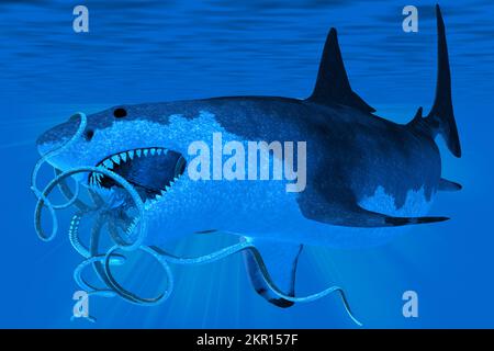 Underwater a massive Megalodon shark tries to eat a giant Octopus during the Pleistocene Period. Stock Photo