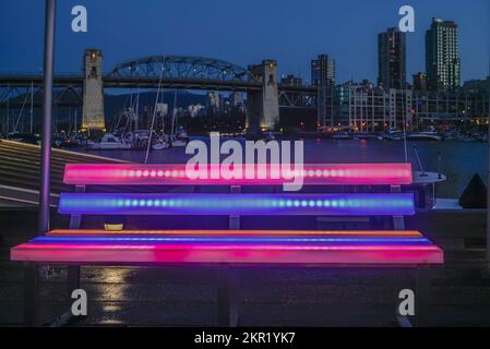 LED light Illuminated bench, Granville Island, Vancouver, British Columbia, Canada Stock Photo