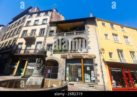 Streets in historic center of Clermont-Ferrand with Terrail fountain Stock Photo
