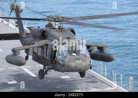 U.S. Army 1st Lt. Matthew Mullarkey and Chief Warrant Officer 3 Joseph Medina, both UH-60M Black Hawk helicopter pilots with 3rd Battalion, 142nd Aviation Regiment, Assault Helicopter Battalion, attached to 36th Combat Aviation Brigade, take-off from the USS Lewis B. Puller in the Persian Gulf, Nov. 9, 2022. Two U.S. Army UH-60M Black Hawks with 3-142 AHB, and two AH-64E Apache helicopters from 1st Battalion, 101st Aviation Regiment, Attack Helicopter Battalion, conducted deck landing qualifications to learn the operating procedures of the U.S. Navy. 36th CAB, mobilized as Task Force Mustang, Stock Photo