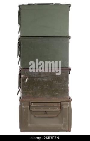 Stack of US army ammo cans isolated on white background Stock Photo