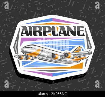 Vector logo for Airplane in motion, white decorative label with illustration of high speed orange airplane with 4 turbines flying on day sky backgroun Stock Vector