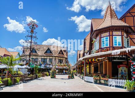 Blumenau, Brazil, January 20, 2022: Traditional shops with Christmas decorations in German Village in the city of Blumenau, Brazil Stock Photo