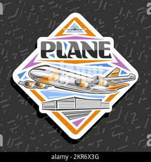 Vector logo for Plane in motion, white decorative rhombus label with illustration of high speed orange plane with 4 turbines, flying on day sky backgr Stock Vector