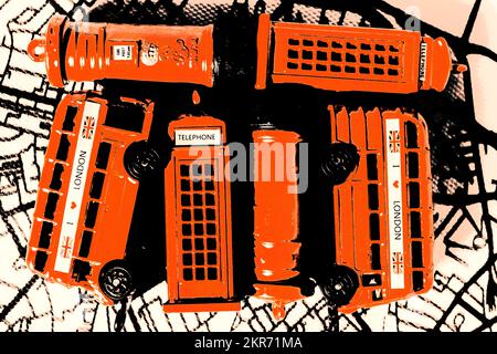 Retro revival poster art on a combination of Great Britain icons from antique tourism. Stacking the double deckers Stock Photo