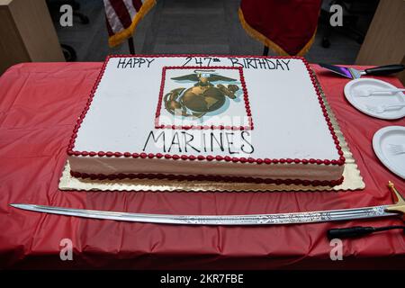 A birthday cake celebrating the 247th birthday of the Marine Corps is
