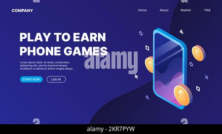 Smartphone with flying coins. P2E Crypto Games Landing Page Concept. Play to Earn phone games. Vector illustration Stock Vector