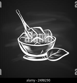 Sketch Illustration of Mint Leaf and Ice Bowl. Hand Drawn Icon on Chalkboard Stock Vector