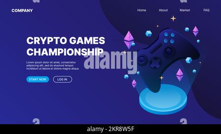 Joystick, game controller digital asset. P2E Crypto Games Landing Page Concept. Crypto games championship. Vector illustration Stock Vector