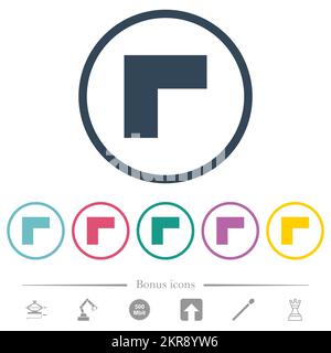 Top left 90 degrees angle arrow solid flat color icons in round outlines. 6 bonus icons included. Stock Vector