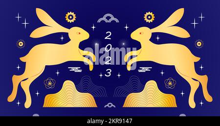 Chinese New Year 2023. Golden Christmas bunnies on blue background. Stock Vector