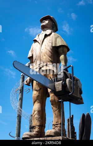 Talking Poles, The Pine Man, carved wooden statues in Tokoroa, Waikato, North Island, New Zealand Stock Photo