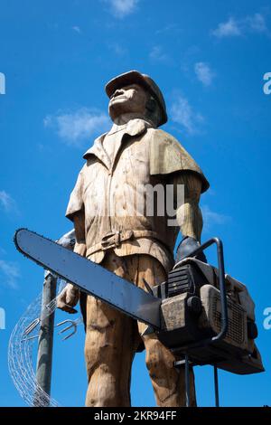 Talking Poles, The Pine Man, carved wooden statues in Tokoroa, Waikato, North Island, New Zealand Stock Photo