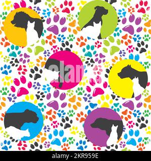 Silhouette of dogs and cats on colored paws background Stock Vector
